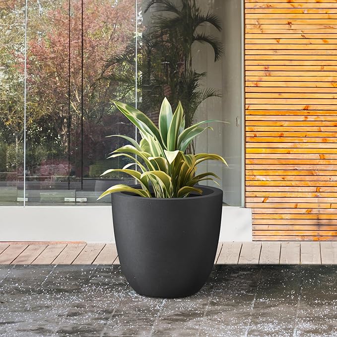 Kante 14 Inch Dia Round Concrete Planter, Indoor Outdoor Large Plant Pot with Drainage Hole and Rubber Plug for Home Patio Garden, Black