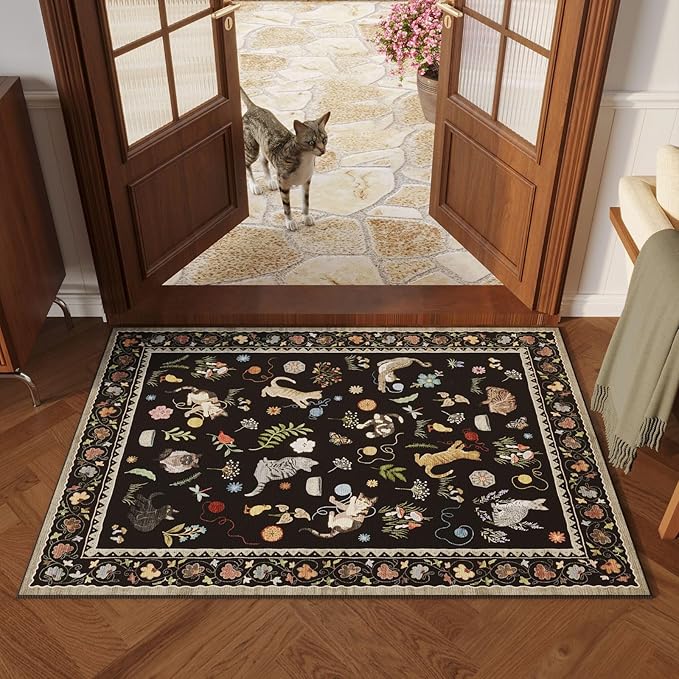Door Mat Indoor Entrance 2x3 Rug Machine Washable Boho Floral Animal Cat Small Area Rug Non-Slip Low Pile Throw Rugs for Entryway Kitchen Front Door Indoor Entrance Entry Kids Room, Black