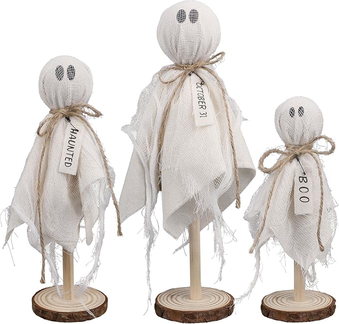 DR.DUDU 3 Pack Halloween Ghost Decor - Primitive Wooden Ghost Kit for Table Centerpiece Indoor Decorations, Spooky Cute Ghosts for Farmhouse Shelf Mantel Kitchen Home & Office Decor