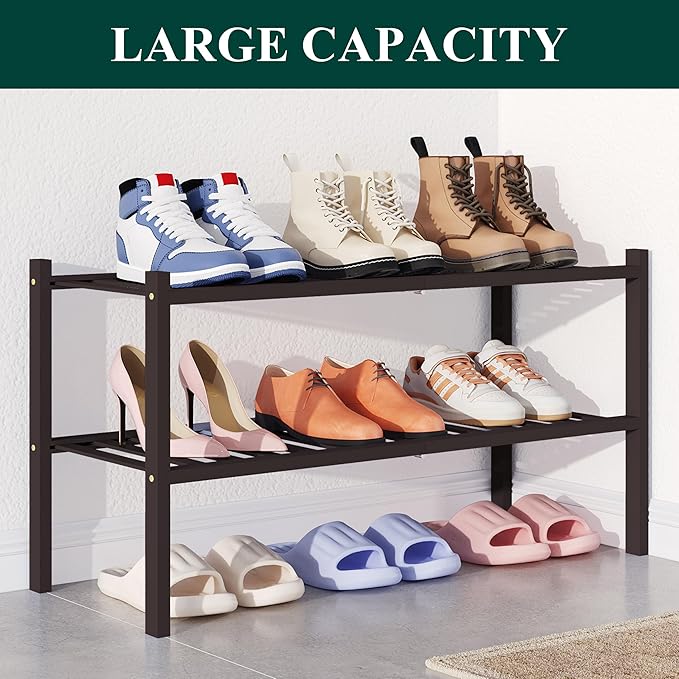 Smiry Bamboo Shoe Rack for Closet, 2 Tier Wooden Stackable Shoe Organizer, Free Standing Shoes Storage Shelf for Entryway, Front Door Entrance, Brown