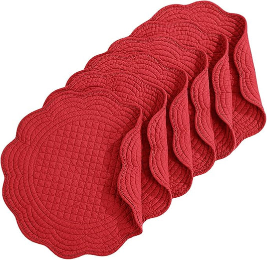 HOMBYS Quilted Placemats Set of 6 Washable Round Placemats for Kitchen Table-100% Cotton Fabric 13 Inch Round Table Mats, Cotton Fabric with Microfiber Filling, (13"x13", Red)