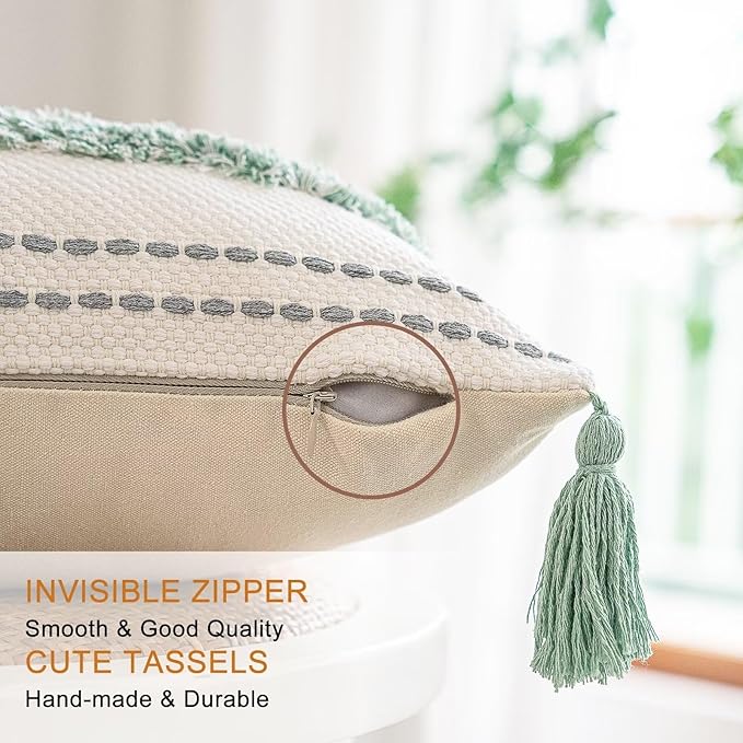 Boho Throw Pillow Covers 20x20 Set of 2 Woven Tufted Farmhouse Pillows Cover with Tassels Textured Striped Cushion Case Neutral Pillow Cases Decorative Pillowcase for Couch, Bed, Light Green