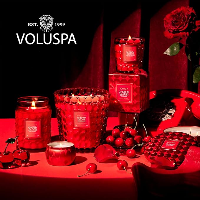 Voluspa Cherry Gloss Mini Tin Candle, 4 oz, Coconut Wax Blend, Scented Candles for Home, 25 Hour Burn Time, Fruity Candle, Handcrafted in The USA