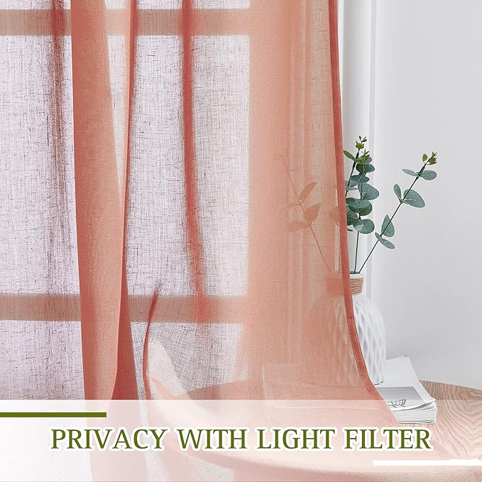 NICETOWN Burnt Orange Linen Curtains 63 inch Length 2 Panels Set, Grommet Semi Sheer Window Drapes Linen Blend Rustic & Casual Privacy with Light Filtering for Bedroom/Flat, W36 x L63