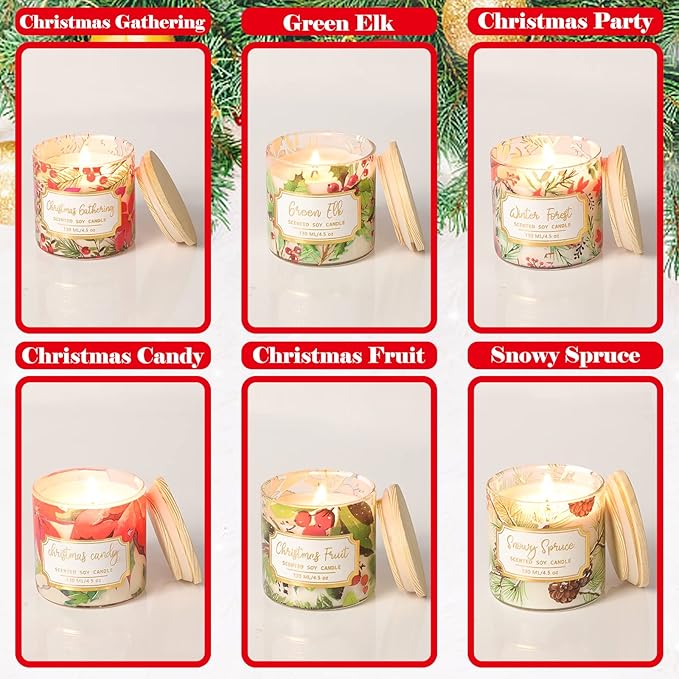 Christmas Scented Pillar Candles, Glass Jar Candles with Wood Lids, 4.5 Oz Natural Soy Wax Candle, Aromatherapy Candles for Home Scented, Candle Gift, SPA, Set of 6
