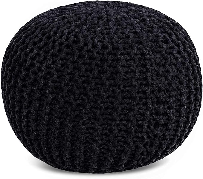 FRELISH DECOR Round Pouf Ottoman Hand Knitted 100% Cotton Pouf Foot Stool - Knitted Bean Bag - Floor Chair for Living Room Bedroom - Foot Rest for Couch (20 Diameter x 14 Height) - Black
