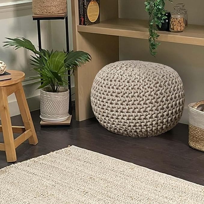 Chardin home- Crochet Beige-Ivory Pouf - Cozy & Bohemian, Recycled Cotton, Hand Crafted Casual Seating/Ottoman for Home, Office, Bedroom, 18"x18"x14".