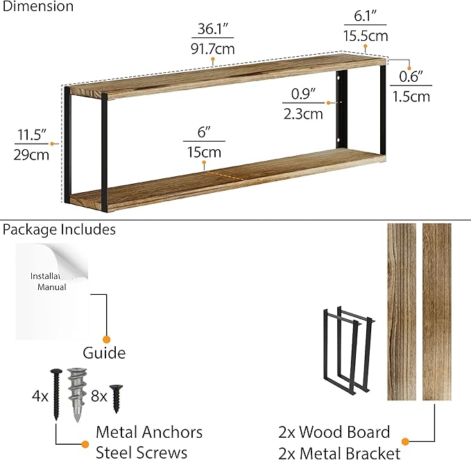 Wallniture Roca 36"x6" Bookshelf for Living Room Decor, 2 Tier Floating Shelves for Office Supplies, Entryway, Bathroom Organizer Shelf, Burnt Finish
