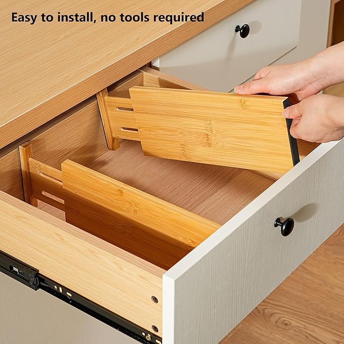 Fabsome Dresser Drawer Organizers 6 Pack, 4.65'' High Adjustable from 17-22‘’ Bamboo Drawer Dividers for Clothing Baby Clothes, Wooden Separators for Dresser Nursery Organization with Soft Foam Ends