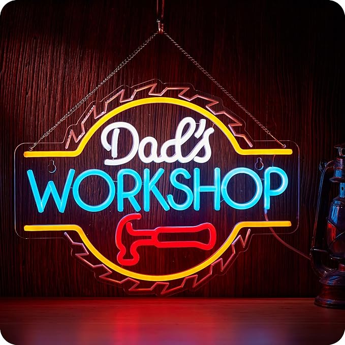 Dad's Workshop Neon Sign for Wall Decor Garage LED Light Car signs for Auto Repair Shop Man Cave Gift for Father 12.6 x 16.5 in (White Orange)
