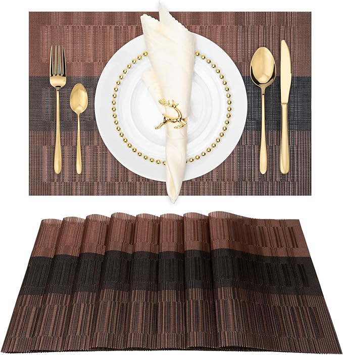 Winknowl Placemats, Set of 8 Heat Resistant Stain Resistant Non-Slip Woven Vinyl Insulation Placemats, Washable Durable Elegant Table Mats for Dining (Coffee)