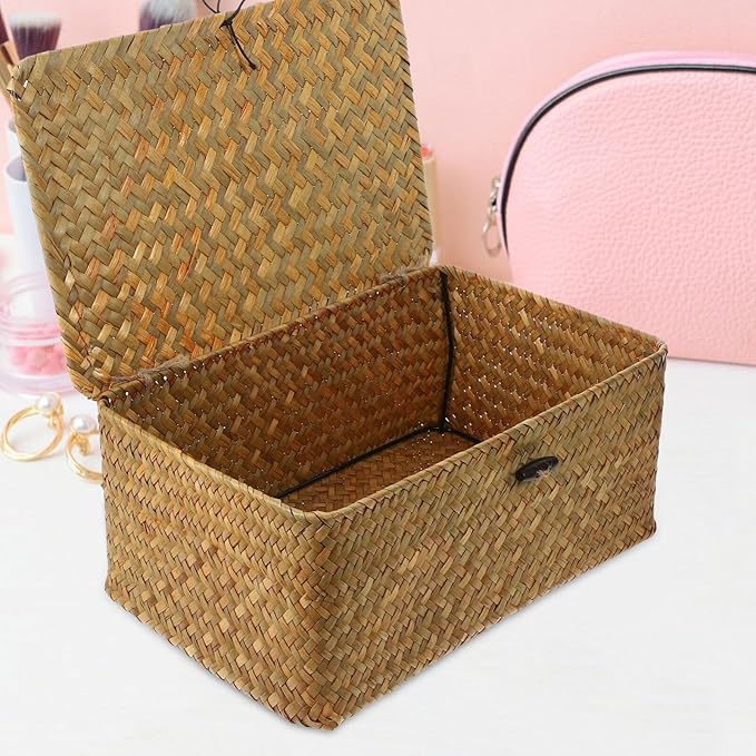IMIKEYA 3pcs Seaweed Baskets with Lids: Woven Baskets Seagrass Storage Woven Basket Straw Desktop Rattan Storage Basket Hand-Woven Storage Basket for Shelf Desktop Home Decor