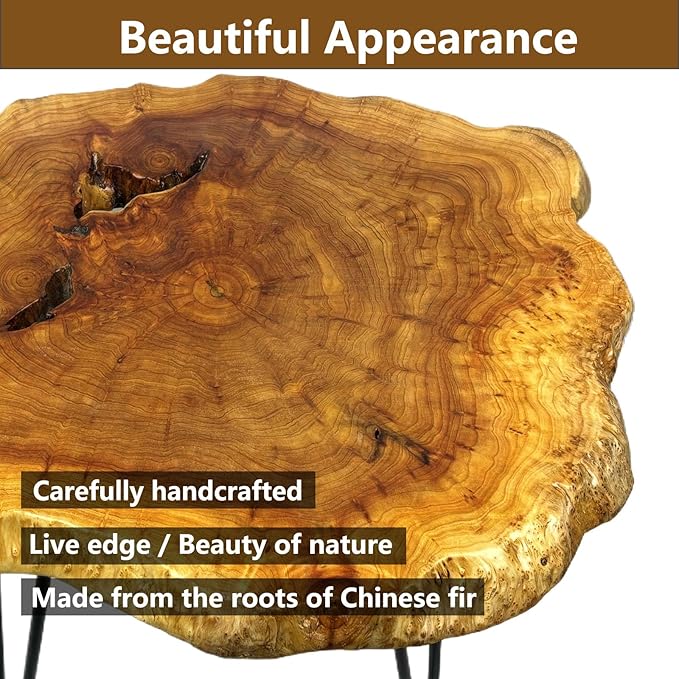 Live Edge Coffee Table, Natural Wood Side Table for Living Room with Metal Hairpin Legs, Large Wooden Rustic End Table Desktop (Medium)