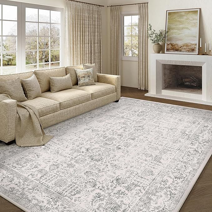 Gray Area Rug 9x12 Machine Washable Large Vintage Living Room Distressed Non Slip Carpet Traditional Indoor Bedroom Grey Retro Floral Accent Throw Rug for Office Kitchen Dining Room