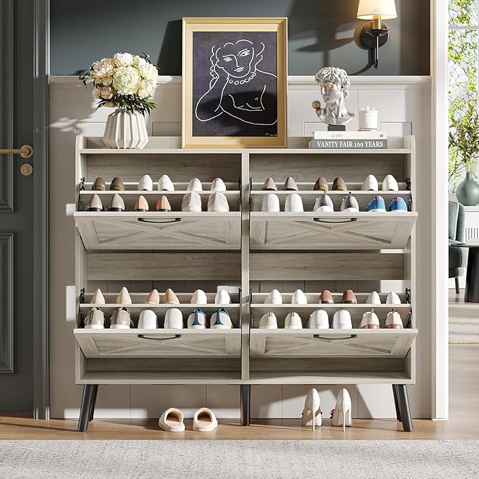 Maupvit Large Shoe Storage Cabinet with 4 Flip Drawers, Narrow Shoe Cabinet for Entryway with Wooden Legs, Freestanding Hidden Shoe Rack Organizer & Metal Hinges, Beige