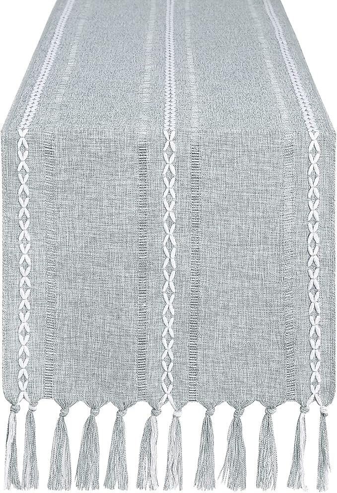 Rustic Farmhouse Style Linen Table Runner, Boho Handmade Tassel Hemstitched Embroidery Table Runners 48 Inches Long for Holiday Party, Dresser and Dining Decorations, 13 x 48 inch - Light Grey