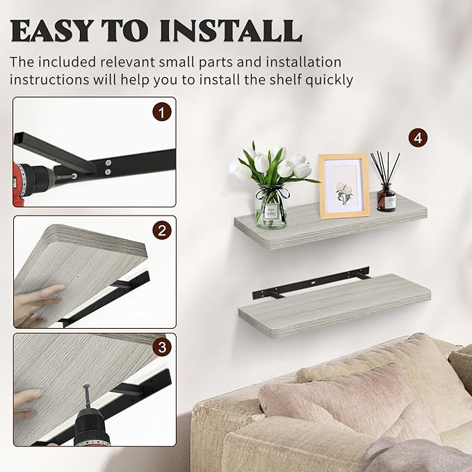Floating Shelves Set of 2, 17-Inch Wall Mounted Modern Wood Shelves With Invisible Brackets for Bathroom, Living Room, Bedroom and Kitchen, Grey