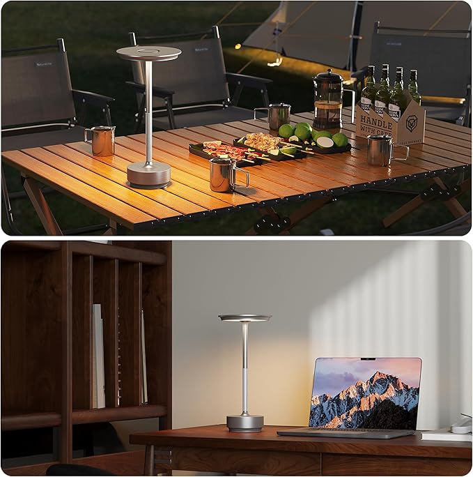 Rechargeable Cordless Table Lamps, Portable 5000mAh Battery Table Light, 3 Color Stepless Dimming LED Table Light with Memory Function, for Outdoor/Dinner/Patio/Restaurant.(Silver)