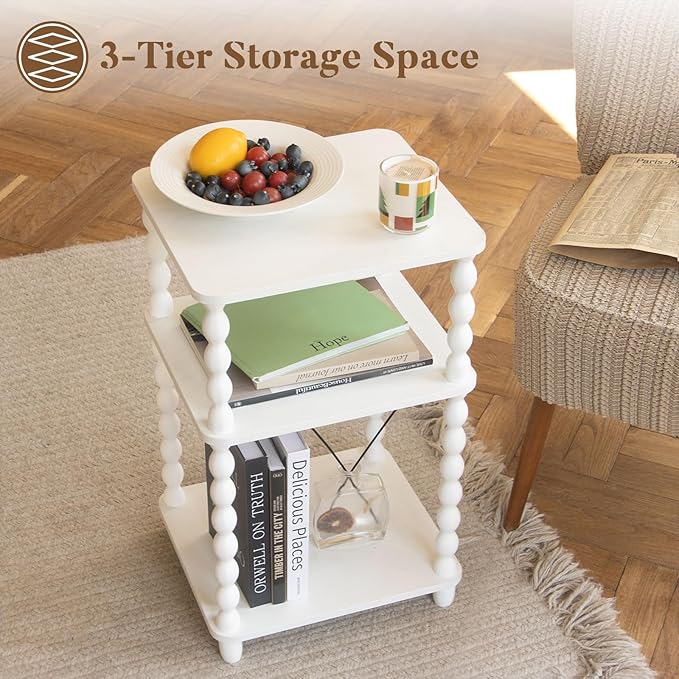 End Table, Small Side Table with 3 Tier Open Shelf, Modern NightStand Bedside Table for Living Room, Bedroom, Office and Small Spaces (White)