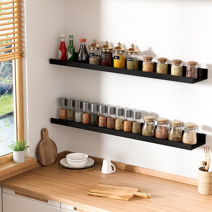 upsimples Floating Shelves for Wall, Wall Shelves for Decor Storage Set of 6, Wall Mounted Wood Shelves for Bedroom, Living Room, Bathroom, Kitchen, Picture Ledge Shelves, Black