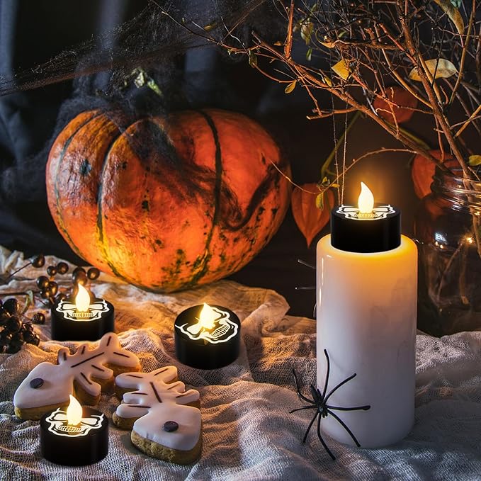 DRomance Halloween Flameless Votive Candles Battery Operated with 6H Timer, 12 Pack Black Spooky Skull Decal LED Flickering Pumpkin Tea Lights Candles Fall Indoor Decoration(1.5" D x 1.4" H)
