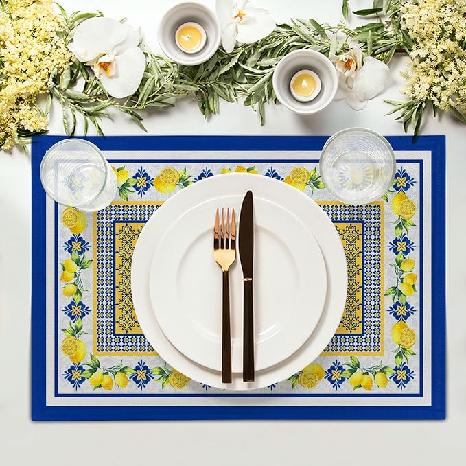 Lemon Summer Table Placemats for Dining 12 x 18 Inch Set of 4,Blue Yellow Boho Heat-Resistant Washable Table Non-Slip Rectangle Place Mat for Seasonal Party Kitchen Dining Table Decor