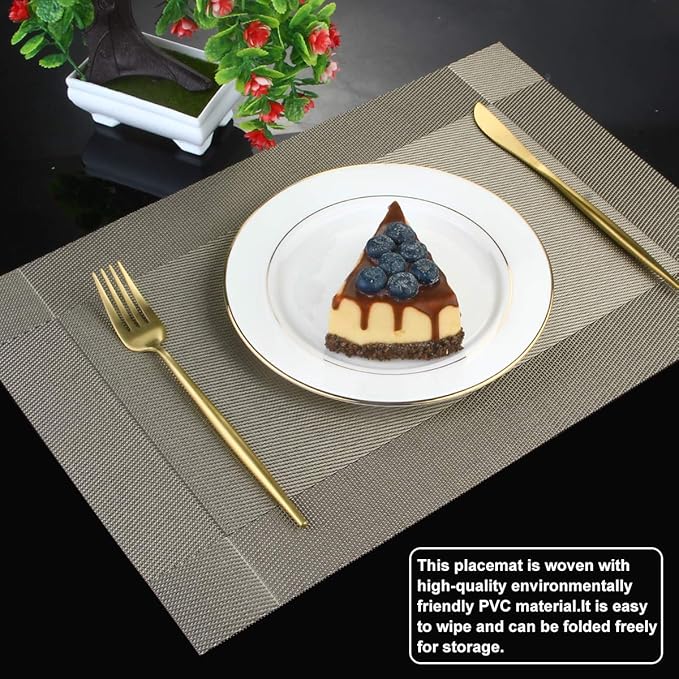 DACHUI Placemats, Heat-Resistant Placemats Stain Resistant Anti-Skid Washable PVC Table Mats Woven Vinyl (6pcs, Coffee-Cross)