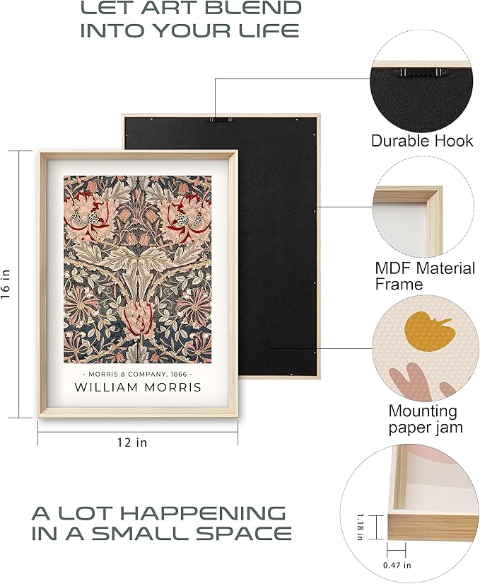 Framed William Morris Canvas Wall Art,Floral Pattern Vintage Poster Wall Decor,16x12IN High Framed Wood Design Prints,Minimalist Classic Decor Aesthetic for Living Room,Bedroom,Bathroom Set of 3