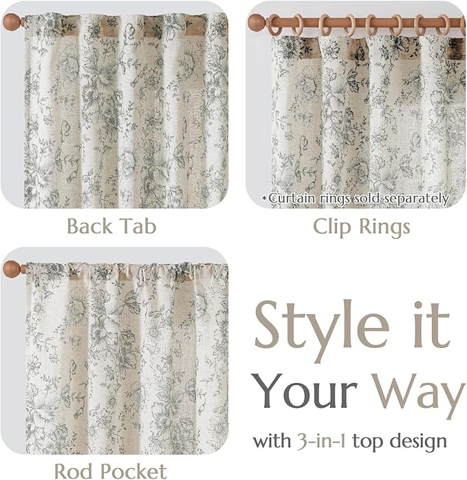 jinchan Lined Linen Blend Curtain Floral Curtains for Living Room 84 Inches Long Grey Peony Flower Printed Curtain Back Tab Farmhouse Patterned Drapes Bedroom Window Curtains Set 2 Panels