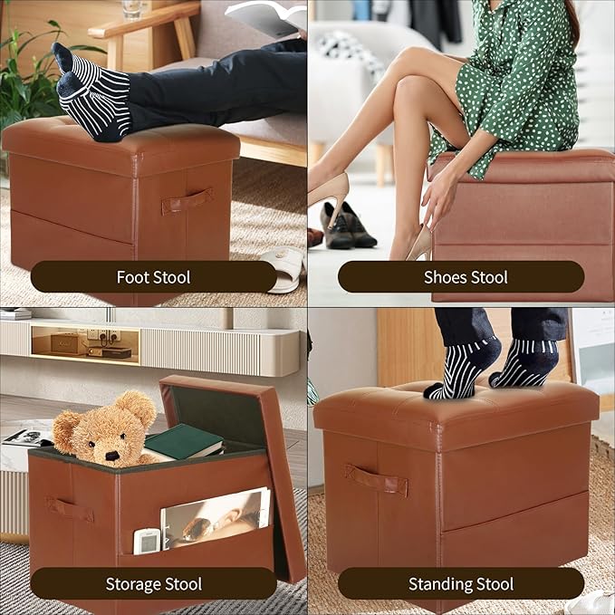 Storage Ottoman Foot Rest Stool. Folding Ottoman with Storage with Thicker Foam Padded Seat. 330 lbs Footstool Bench for Living Room, Bedroom, Home Office Table, 17x13x13in, Light Brown
