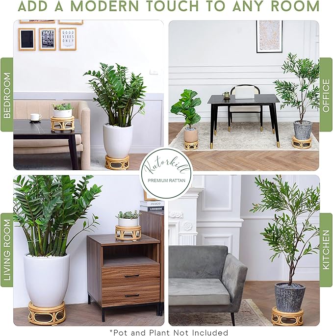 Set of 2 Large Rattan Wicker Round Risers Decorative Indoor Plant Stand, Mid Century Minimalist Modern Plant Stands, Boho Short Plant Stand Holder Suitable Fits 8'' and 12'' Pots