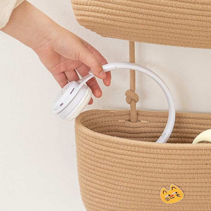 TeoKJ Over the Door Hanging Basket, 3-Tier Woven Cotton Wall-Mounted Storage Organizer Bag Decorative Hanging Nursery Baskets - Jute