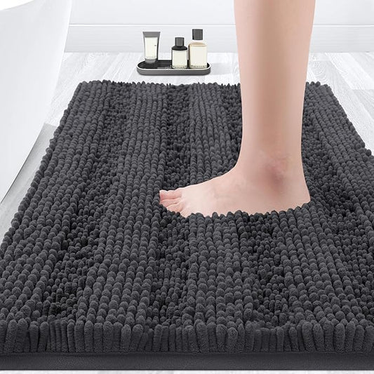 ACCUMTEK Striped Grey Bathroom Rug Mat 24"x17" Ultra Soft, Non Slip Chenille Bath Rugs, Absorbent Plush Shaggy Bath Mats for Bathroom, Bedroom, Kitchen, Shower, Tub,Dark Gray, Charcoal