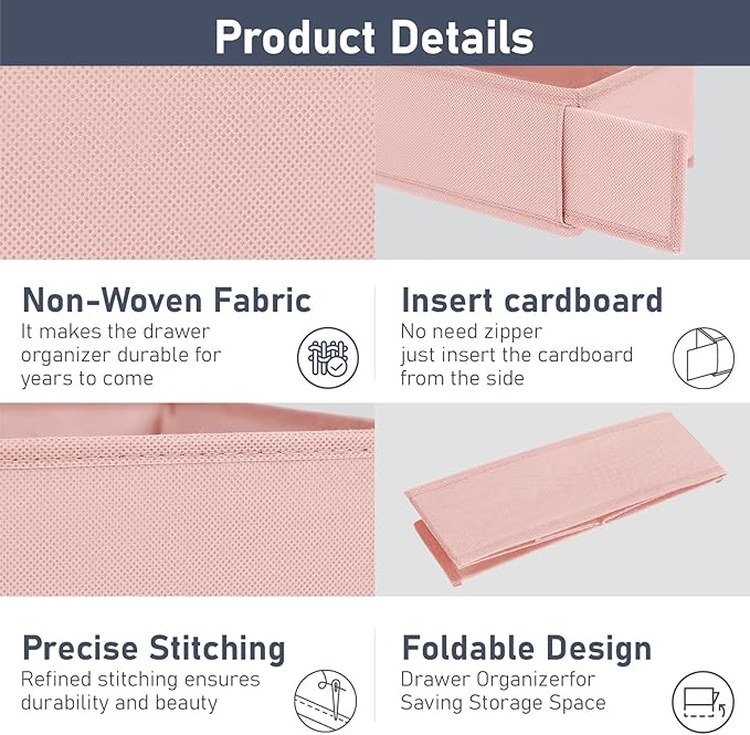 DIMJ Drawer Organizer Clothes - Underwear Organizer Closet Organizers and Storage Box Dresser Organizer,Drawer Dividers for Baby Clothes,Bra,Socks, Belt, Tie, Set of 6,Pink