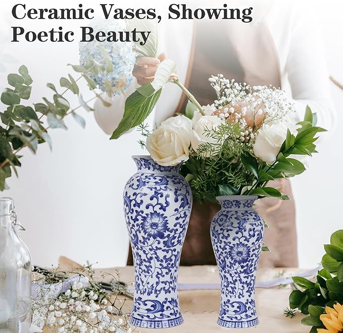 Chinoiserie Blue and White Vases,Living Room Centerpiece Ceramic Vase for Office Bedroom Chinoiserie Vintage Willow Flower Vases Decor (Lotus-M)