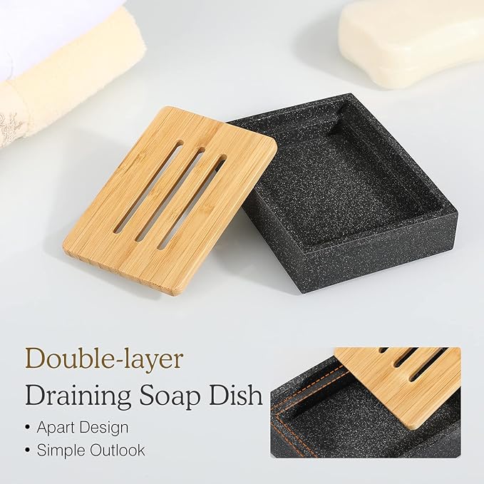 Luxspire Resin Soap Dish, Sponge Holder with Bamboo Board, Storage Tray with Double Layers for Storing Candle, Container in Bathroom, Kitchen, and Toilet - Black Sand