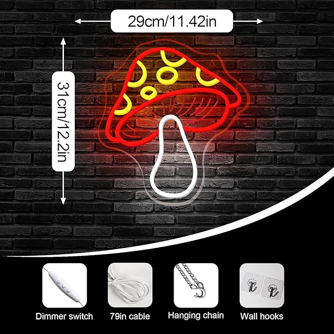 Red Mushroom Neon Sign Whimsical LED Wall Decor for Gaming Rooms, Fantasy Mushroom Lovers, USB-Powered Adjustable Brightness Light Up Signs USB LED Signs for kids room