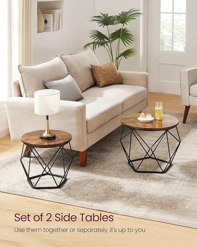 VASAGLE Small Coffee Table Set of 2, Round Coffee Table with Steel Frame, Side End Table for Living Room, Bedroom, Office, Rustic Brown and Ink Black