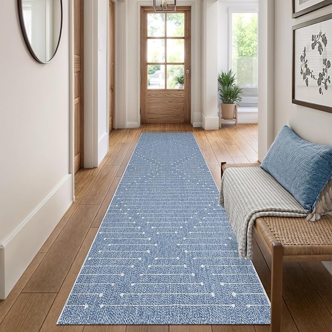 LIVEBOX Blue Runner Rug for Kitchen, 2'x8' Boho Washable Rug Runner for Hallway,Moroccan Cotton Long Entryway Area Rug Indoor Carpet for Bedroom Laundry Doorway Entry