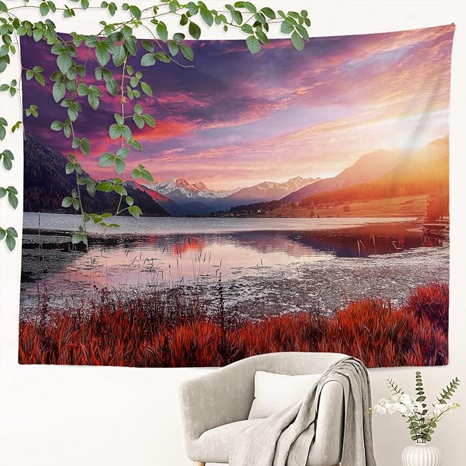 BaoNews Rose Madder Natural Redwood Trees Tapestry,Landscape Lake Large Wall Hanging Polyester Tablecloths Tapestry Bedroom Room Living Room Dorm 59.1 x 82.7 Inches
