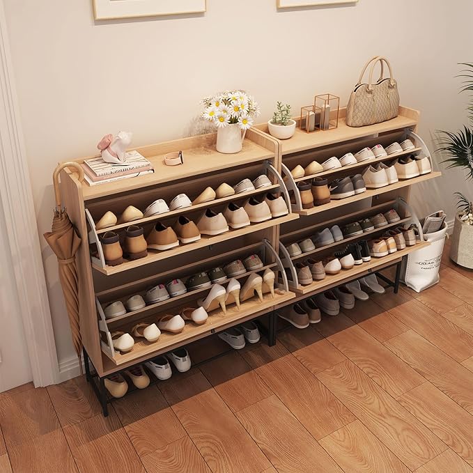 AVZEAR Narrow Shoe Storage Cabinet for Entryway with 2 Flip Drawers, Freestanding Shoe Cabinet with Natural Linen Panel, Slim Wood Shoe Organizer Closed Shoe Rack for Hallway, Foyer(Natural)