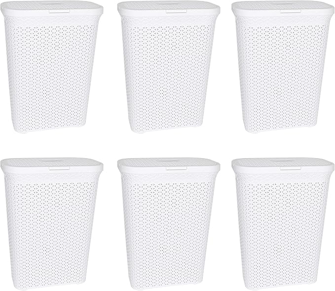 YBM Home Plastic Rattan Laundry Hamper Basket with Hinged Lid, Ventilation Holes, Durable, Lightweight Bin With Cutout Handles, Storage Dirty Clothes, Space Saver, 10.5" x 17.5" x 23.75", White,6-Pack