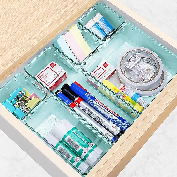 10 PCS Drawer Organizer Set, 4 Varied Size Bathroom and kitchen Drawer cabinet organizer Trays, Clear Storage Bins for Makeup, Jewelry, Utensils and Gadgets