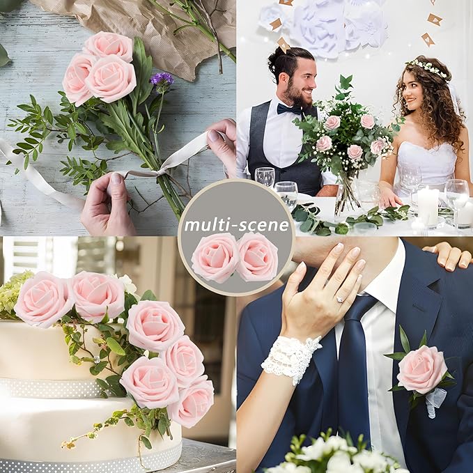 50PCS Artificial Flowers Blush Pink Roses Real Looking Foam Fake Roses with Leaves and for DIY Wedding Bouquets Bridal Shower Centerpieces Party Decorations (Blush Pink)