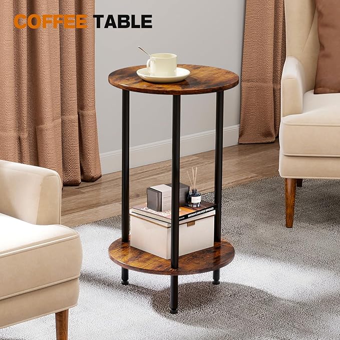 Round Side Table Set of 2, 2-Tier End Table, Small Round Nightstands with Storage Shelf, Modern Accent/Coffee/Bedside Table for Living Room, Bedroom-Brown