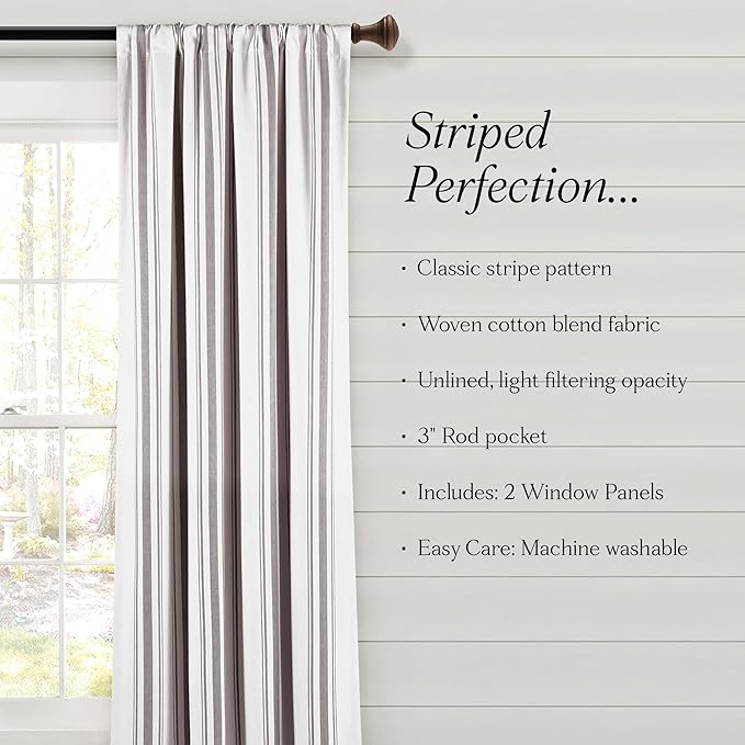 Lush Decor Farmhouse Stripe Yarn Dyed Cotton Window Curtain Panel Pair, 42" W x 84" L, Gray - Classic Modern Rustic Charm - Eco Friendly Cotton Fabric