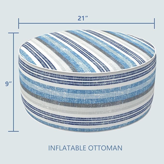 LVTXIII Inflatable Stool Ottoman Footrest with Handle, Decorative Fade-Resistant Foot Stool, Indoor or Outdoor Pouf for Home Garden and Camping Use, D21 x W 21 x H9, Stripe Layered Blue