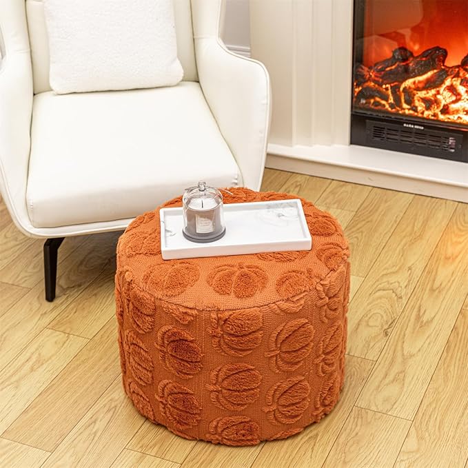 Asuprui Round Stuffed Ottoman Modern Supportive Foam Ottoman Foot Rest Furry Pouf Foot Stool 18x14 Inches Floor Poufs Foot Rest for Living Room Bedroom (Rust)