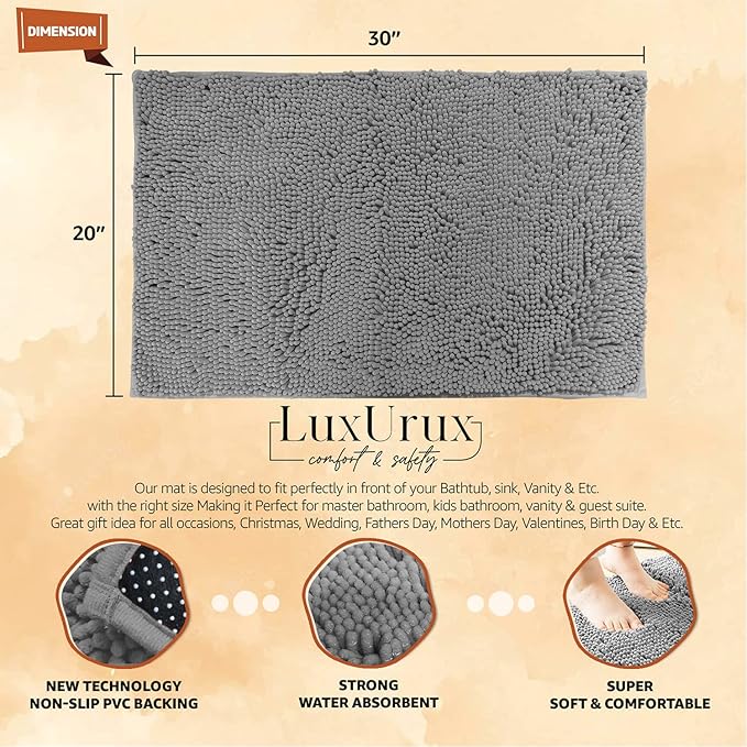 2 Pc Set – Plush Chenille Bathroom Rug Mat Set, Extra-Soft Bath Mat for Shower & Bathroom, Highly Absorbent Microfiber, Non-Slip Backing for Safety & Comfort.(20 x 30, Light Grey)