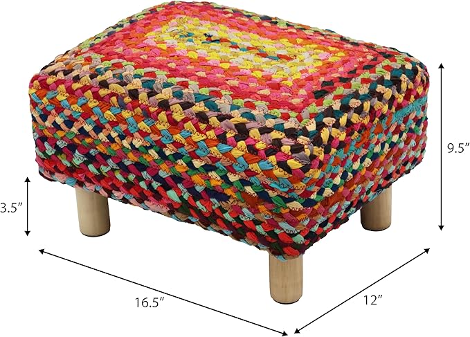 COTTON CRAFT Multi Chindi Footrest - Braided Cotton Rag Rug Foot Stool Ottoman with Sturdy Wood Legs – Handmade Boho Leg Rest - Small Spaces Under Desk Living Room Entryway Low Footstool - 16.5x12x9.5